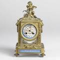 French mantle clock gilded bronze with sevres type dial and panels dial loose in case 19th c 6 34 x 12 x 4