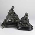 White metal figures two pieces child with dog and a classical female on footed base taller 12 12