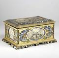 Jewelry box with gilded decoration and decoupage interior 19th c significant losses 14 x 9 12 x 8
