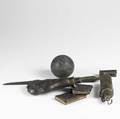 Civil war relics six pieces include socket bayonet two small journals copper powder flask with brass measurement spout 5 lb cannonball and small lantern