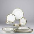 Epiag porcelain dinnerware partial service for eight includes seven dinner plates eight salad plates eight bread plates seven boullion cups with six underplates six teacups with saucers eight bow
