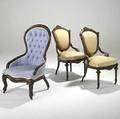 Three victorian chairs walnut frames with upholstered seats and backs ca 1870 largest 41 x 24 x 26
