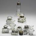 Assorted glass accessories thirteen pieces include eight inkwells four salts and a sugar shaker 19th c tallest 7 12