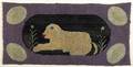 American hooked rug depicts a dog with floral display on black background and a purple border mounted on a fabric backing 20th c 18 x 36