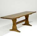Trestle base dining table pine top 20th c 29 x 85 x 26