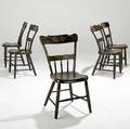 Country furniture five halfspindle plank seat chairs with painted decoration 19th c 34 x 19 12 x 19