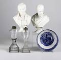 Decorative grouping five pieces include two clear glass whale oil lamps pair of parian busts and wedgwood blue and white bowl tallest 10 14