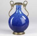 Paul milet for sevres flask shaped vase with mottles blue crystalline glaze and bronze mounts upper mount loose marked mp sevres 14 12 x 9 x 5 12