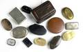 Snuff box grouping fifteen pieces include silver plate brass horn wood and other compositions all 19th c largest 4 14 x 2 34 x 1 78