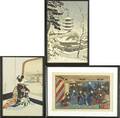 Japanese woodblocks three include wintergolden pavillion yasaka pagoda in kyoto and one untitled 19th20th c