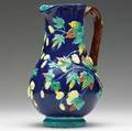 Royal worcester majolica pitcher with branches of berries and tied twig handle 1870s small flat chip to footring stamped floral mark 9 14 x 6