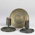 Tiffany studios three pieces zodiac match holder dore bronze bowl and match holder with glass panels tallest 4