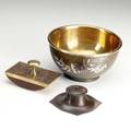 Roycroft  heintz etc three items heintz sterling on bronze lined bowl overlaid with fruiting branch roycroft hammered copper inkwell with liner and brass and burlwood ink blotter heintz stamped