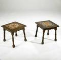 Arts  crafts two tile top tables with turned legs and hispanomoorish tiles 18 x 18 sq