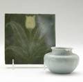 Grueby tulip tile and cabinet vase in blue green glaze vase with circular stamp tile 6 sq and vase 3 tall