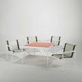 Richard schultz knoll associates set of four patio dining chairs and table usa 1970s enameled aluminum and steel plastic webbing stitched leather unmarked chairs 29 14 x 23 x 24 table