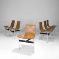 Katavolos littel  kelley laverne international set of six dining chairs tg10 usa 1950s chromed and enameled steel saddle leather unsigned 32 x 23 x 24