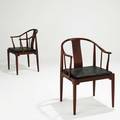 Hans wegner fritz hansen pair of chinese chairs no 4 denmark 19451985 teak leather cotton webbing signed with foil labels and dated 32 12 x 21 12 x 20 12