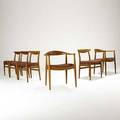 Hans wegner johannes hansen and cm madsens six chairs pair of the chair and four side chairs denmark 1950s oak upholstery all branded 30 x 25 x 21 29 x 19 12 x 19