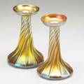 Tiffany studios two gold favrile candlesticks etched lct 7 x 4 12