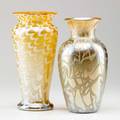 Durand two gold and white iridescent glass vases unmarked 10 and 9 12