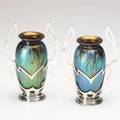 Loetz argentor pair of medici art glass vases in silverplated mounts vases unmarked mounts stamped argentor as 7 14 x 4 34