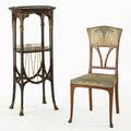 Portois  fix art nouveau stand and side chair austria ca 1900 mahogany sycamore brass upholstery stand stamped portois  fix chair 38 x 17 12 x 18 stand 45 12 x 21 x 15