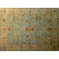 Oushak style contemporary roomsize rug in floral pattern of olive pale blue and gold unsigned 101 x 138