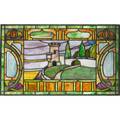 Arts  crafts leaded stained glass panel depicting a castle in landscape unmarked 22 x 37 12