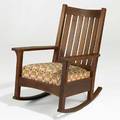 L  jg stickley rocking chair with slatted back and loose seat cushion handcraft decal 37 12 x 28 x 24 12