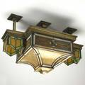 Prairie school ceiling fixture bronze leaded slag glass unmarked 17 12 x 27 12 x 16 12