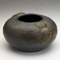 Van briggle squat vessel with pine boughs brown glaze 1915 aa 1915 762 6 x 9 34