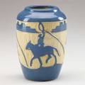 Julia mattson north dakota school of mines cowboy vase circular indigo stamp and incised signature 4 12 x 3