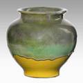Pewabic squat vase yellow and iridescent green glaze stamped pewabic detroit with paper label 5 12 x 5 12