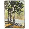 Frances h gearhart color linoleum block print of oak trees by a mountain lake ca 1925 matted unsigned image 5 x 3 12