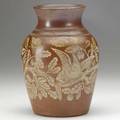 Charles graham saltglazed stoneware vase with parakeets 1885 medallion with name and patent 7 12 x 5 12