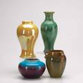 Fulper pisgah forest moorcroft four pieces fulper baluster vase with mottled green glaze racetrack mark fulper threehandled vase with glossy flambe glaze marked with original 125th anniversary