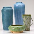 Pottery grouping four pieces fulper squat bowl with paper label aqua colored cylinder vase marked swk 1920 contemporary studio vase marked studio nova and stoneware cup tallest 13