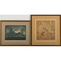 Arts  crafts block prints two pieces charlotte e metcalf  autumn and eva a watson  a decoration both pencil signed 1116 larger frame 18 12 x 17 78
