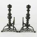 Andirons pair in brass bronze and wroughtiron unmarked each 26 x 14 x 26