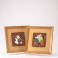Harris strong pair of hand painted tiles each with original frame and linen matte labeled tile 6 sq