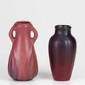 Van briggle two vases covered in persian rose glaze stiltpulls to handle vase both with impressed mark taller 8 14