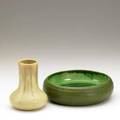 Grueby clifton two pieces grueby ribbed low bowl and clifton corseted vase each with impressed mark low bowl 2 12 x 8 14