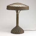 Arts  crafts wicker table lamp lined with silk taffeta unmarked 22 x 16 dia
