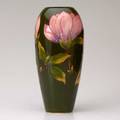Moorcroft tall vase decorated in the magnolia pattern over green glaze stamped l moorcroft 8 made in england 12 12