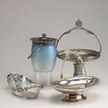 American and european silver plate four pieces 19th20th c wilcox handled flower basket silver plate mounted blue satin glass biscuit jar aesthetic movement footed compote with hinged handle eu