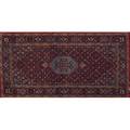 Oriental area rug blue design on red ground 67 x 36