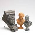 Historical busts three pieces redware bust of mozart white metal bust of lord byron and figural satyr wall shelf all unmarked shelf 12 x 7 x 7