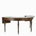 Sheraton style demi lune writing desk 20th c walnut with turned legs and two dropped leaves unmarked 29 12 x 70 x 36