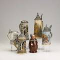 Beer steins six 20th c marzi remi herald on horseback friar city scene merkelbach and wick american eagle some marked tallest 11